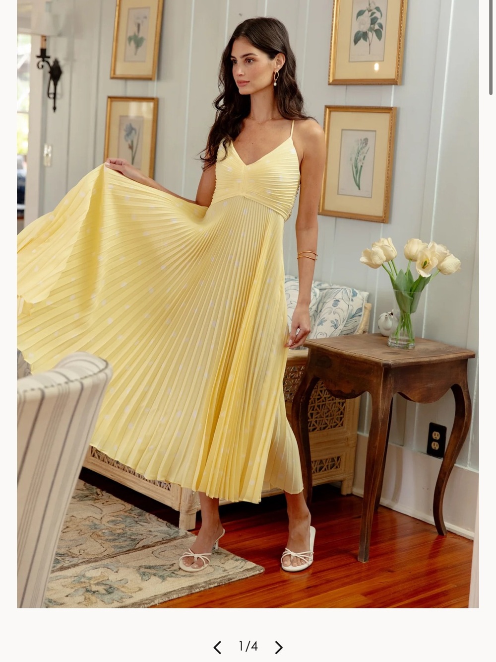 Astr Yellow Pleated V-Neck Midi Dress with Spaghetti Straps